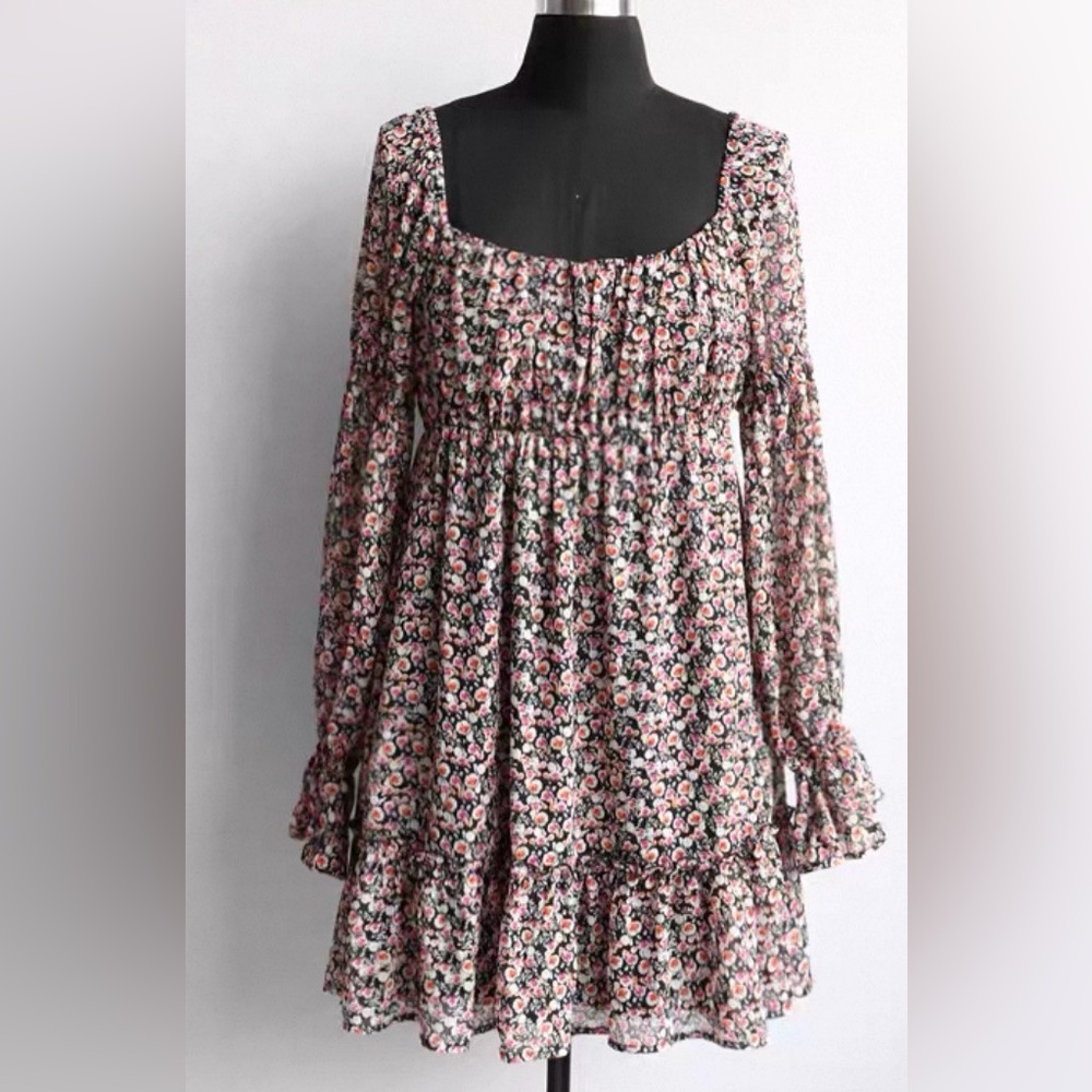 Floral Long Sleeve Tiered Mini Dress